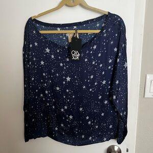 NWT Chaser Silk Navy Star Print Women's Long Sleeved Top